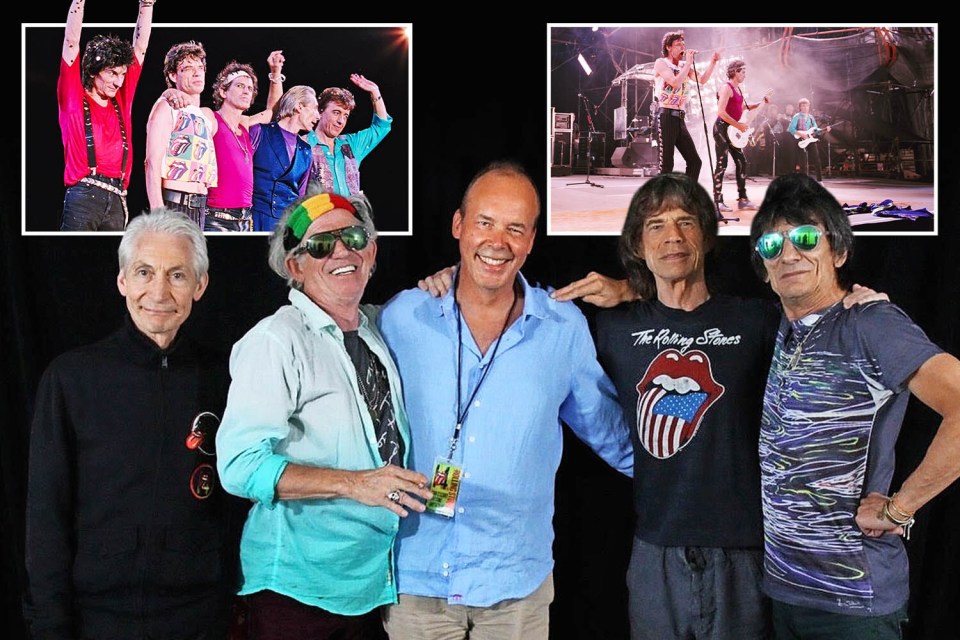 Collage of five men posing with two older images of The Rolling Stones performing in concert.