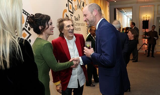 Prince William had Ronnie Wood and his wife Sally in fits of the giggles on Wednesday night, as he chatted to the couple during the 2025 Tusk Conservation Awards at The Savoy Hotel in London