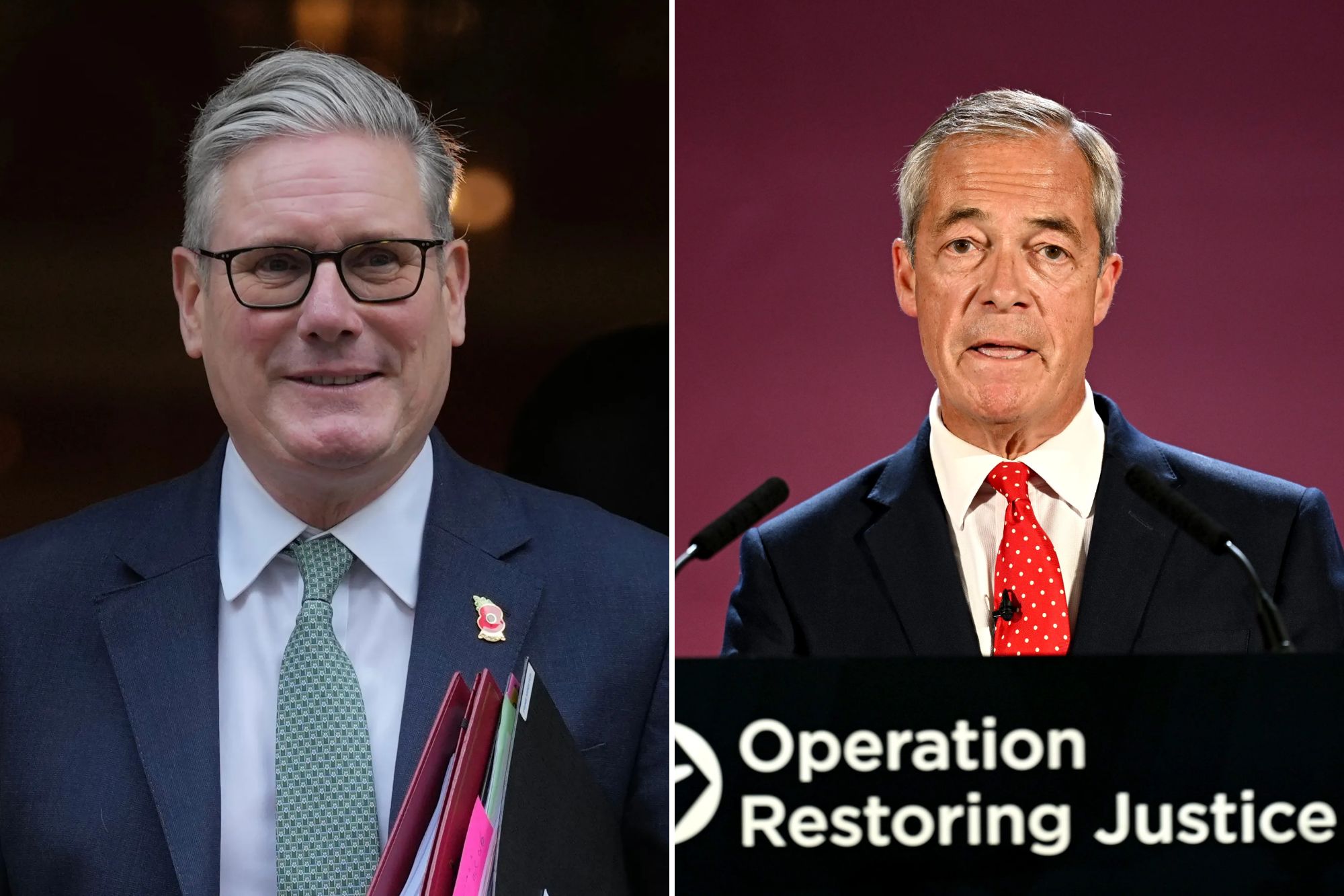 An image collage containing 2 images, Image 1 shows Britain Politics, Image 2 shows Reform UK Make Deportations Policy Announcement