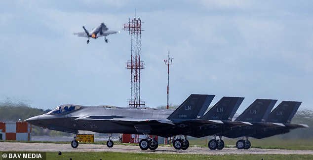 US Air Force F-35 stealth jets are pictured last year at RAF Lakenheath in Suffolk, where sensitive information has been disclosed about to Russian hackers