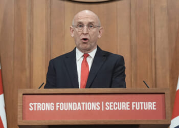 British Defence Secretary John Healey delivers a speech on how the U.K.'s defense industry is delivering growth and national renewal across the U.K. at No. 9 Downing Street in central London on Nov. 19, 2025.