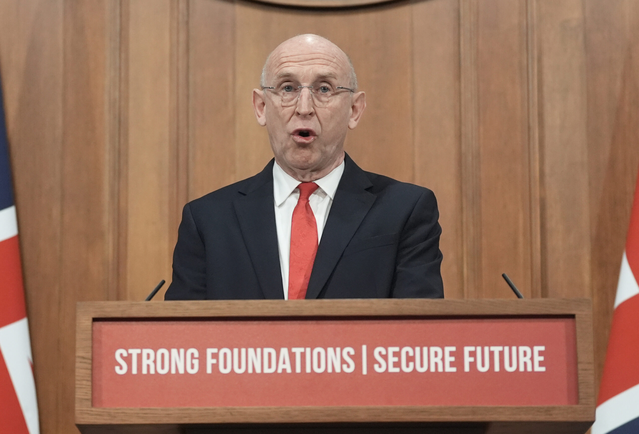 British Defence Secretary John Healey delivers a speech on how the U.K.'s defense industry is delivering growth and national renewal across the U.K. at No. 9 Downing Street in central London on Nov. 19, 2025.