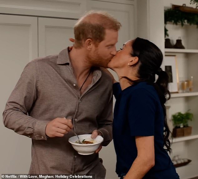 The Duchess of Sussex promotes her jam and locks lips with Prince Harry as she talks about 'embracing traditions' in a glitzy new trailer for her festive Netflix show released on Wednesday