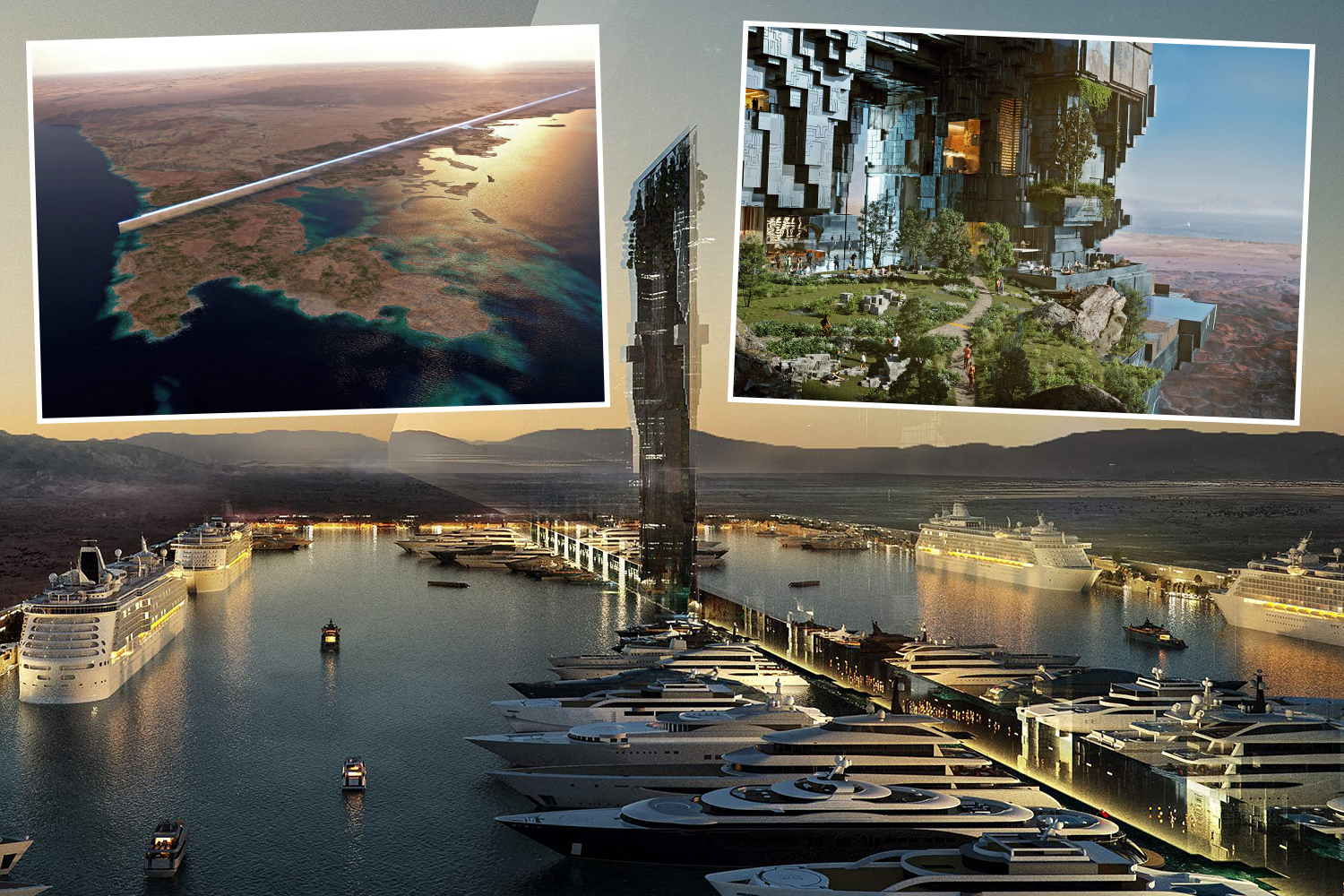 Collage of three illustrations of Saudi Arabia's Neom project, including an aerial view of a linear city, a close-up of a high-rise with green spaces, and a marina with luxury yachts and cruise ships.