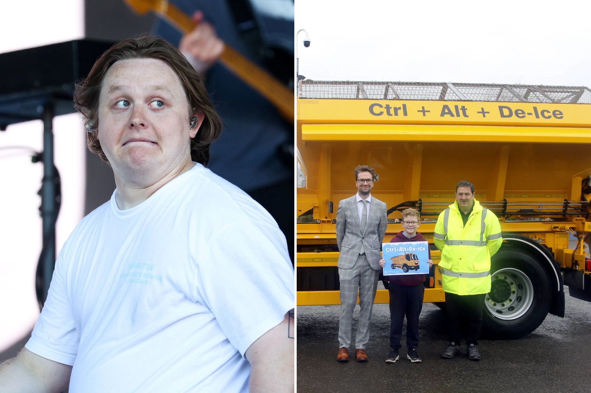 An image collage containing 2 images, Image 1 shows Lewis Capaldi performing on stage, Image 2 shows A primary student, Daniel, holding a sign with a cartoon gritter, stands next to a man in a suit and a gritter driver, in front of a gritter truck named "Ctrl + Alt + De-Ice"