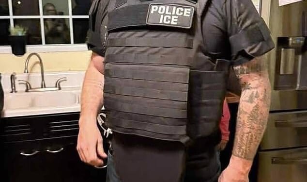 James Black, principal of a Maine middle school, was captured in a now-viral photo wearing an officer-style vest with a patch reading 'POLICE ICE' and a hat labeled 'ICE'