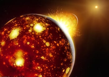 Scientists have proposed a new theory of the moon's origin that suggests that Earth had a secret neighbour for the first 100 million years of the solar system's existence (artist's impression)