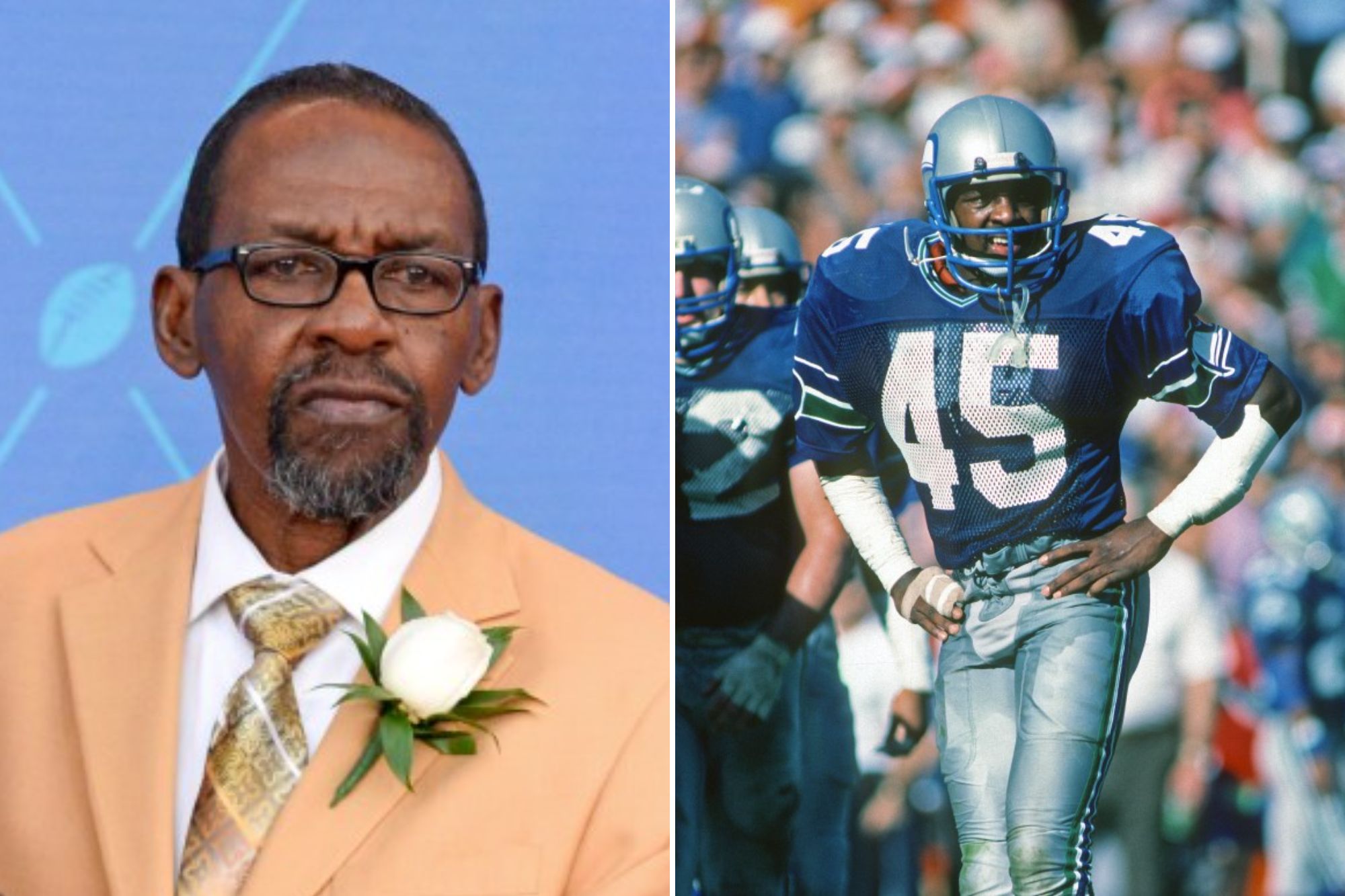 An image collage containing 2 images, Image 1 shows 2017 Pro Football Hall of Fame Enshrinement Ceremony, Image 2 shows Seattle Seahawks v Miami Dolphins