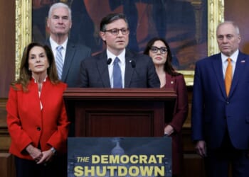 House Speaker Mike Johnson, a Louisiana Republican, center, joined by House Republican Leadership and U.S. Labor Secretary Lori Chavez-DeRemer, speaks during a news conference Tuesday on Capitol Hill in Washington, D.C.