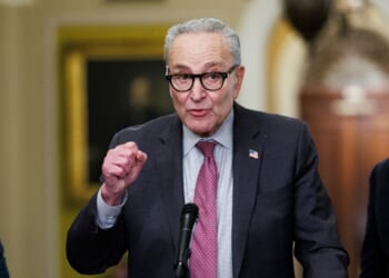 Senate Minority Leader Chuck Schumer speaks to the press on Capitol Hill in Washington, DC on Nov. 4, 2025.