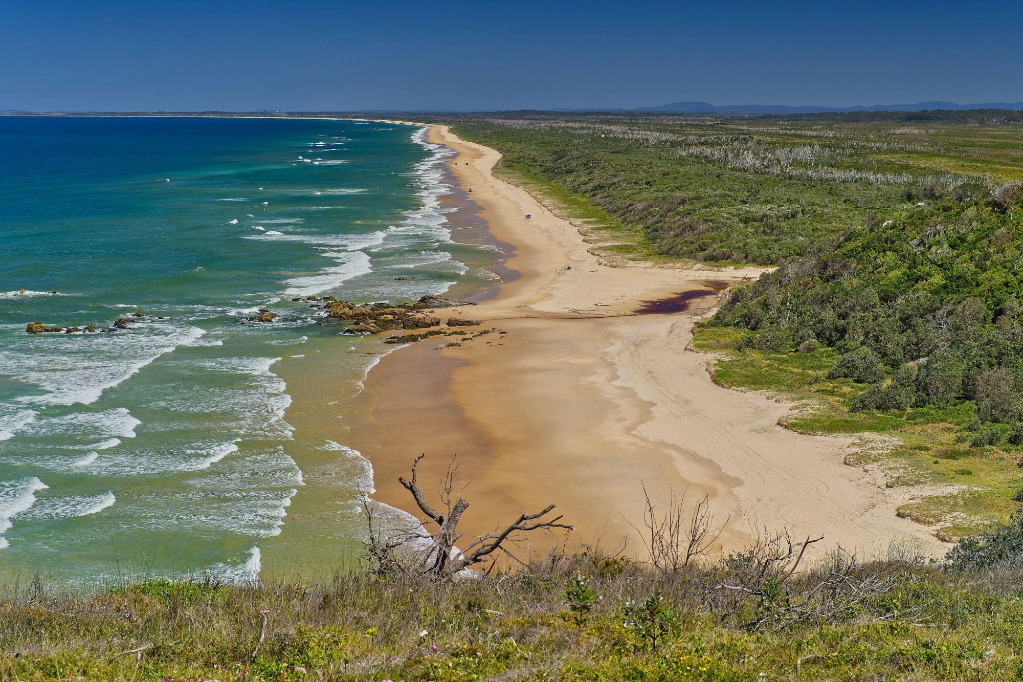 An image collage containing 1 images, Image 1 shows Long sandy beach with breaking waves and coastal heathland at Crowdy Bay, New South Wales, Australia