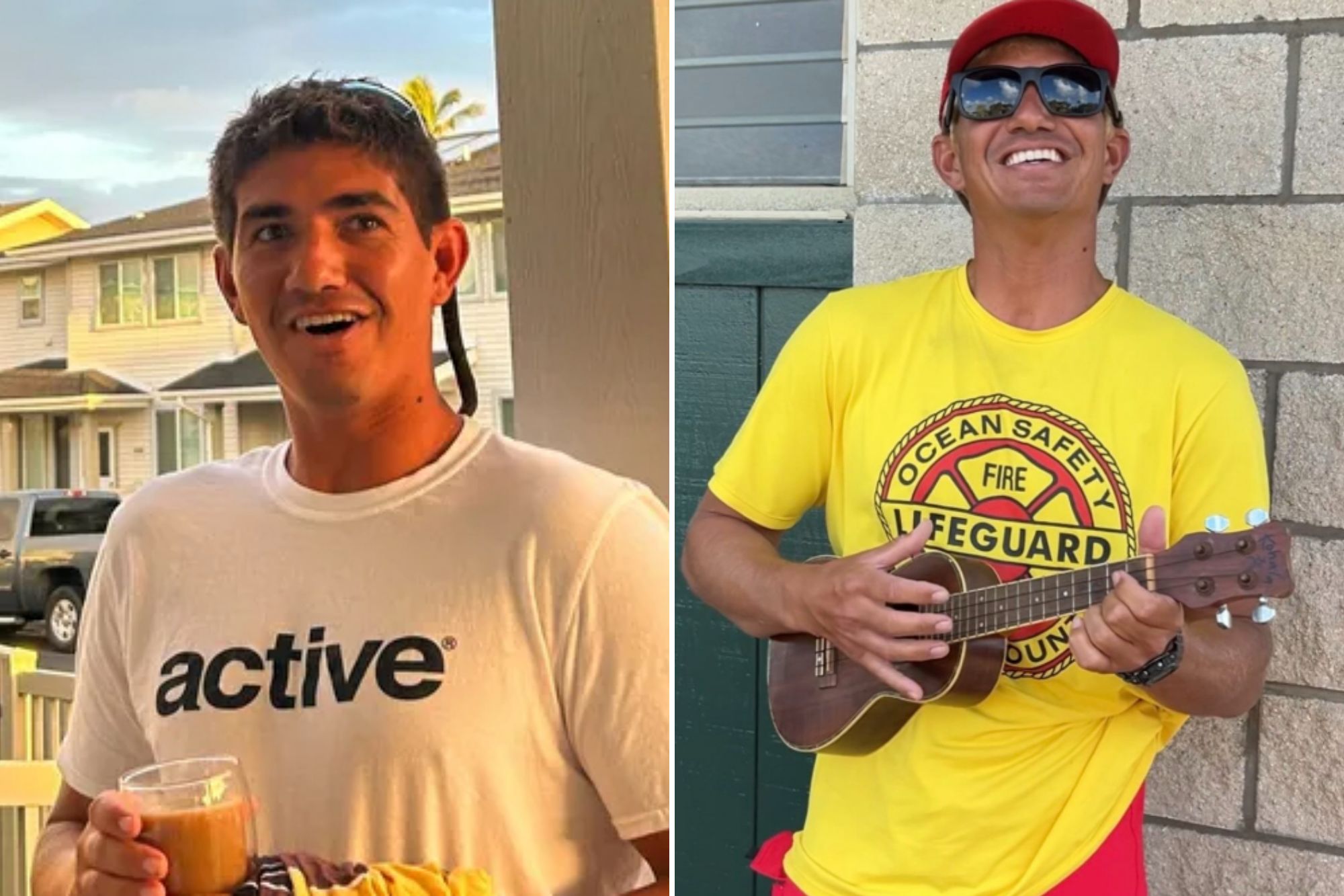 An image collage containing 2 images, Image 1 shows Chance Swanson, a lifeguard who survived a shark attack, smiling while holding a glass, Image 2 shows Chance Swanson, a lifeguard, smiling while playing a ukulele