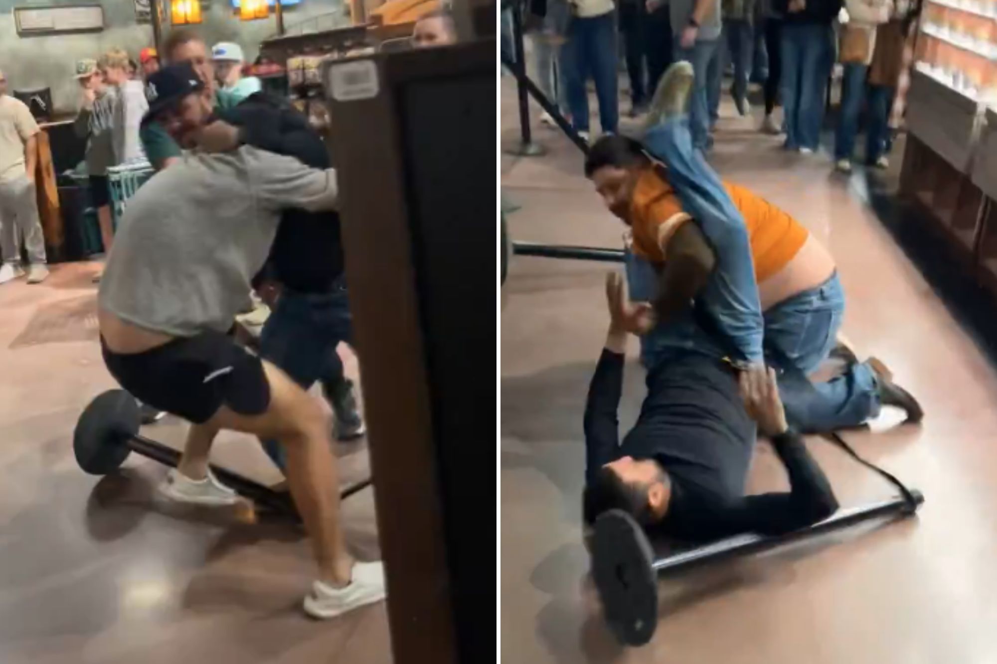 An image collage containing 2 images, Image 1 shows Two men grappling, one wearing a grey t-shirt and black shorts, the other in a dark top, with onlookers in the background, Image 2 shows A man in an orange shirt on top of a man in a black shirt on the ground