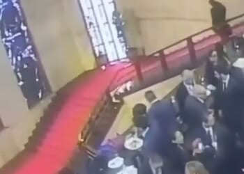 Footage shows Emanuele Cani walking down the stairs to attend a reception at The Ministry of Enterprises and Made in Italy before losing his footing
