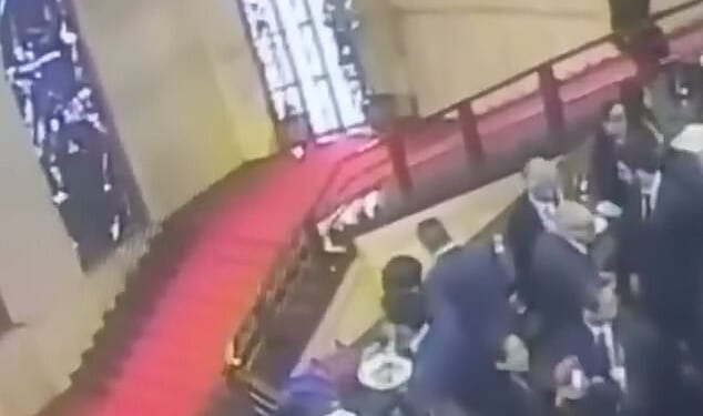 Footage shows Emanuele Cani walking down the stairs to attend a reception at The Ministry of Enterprises and Made in Italy before losing his footing