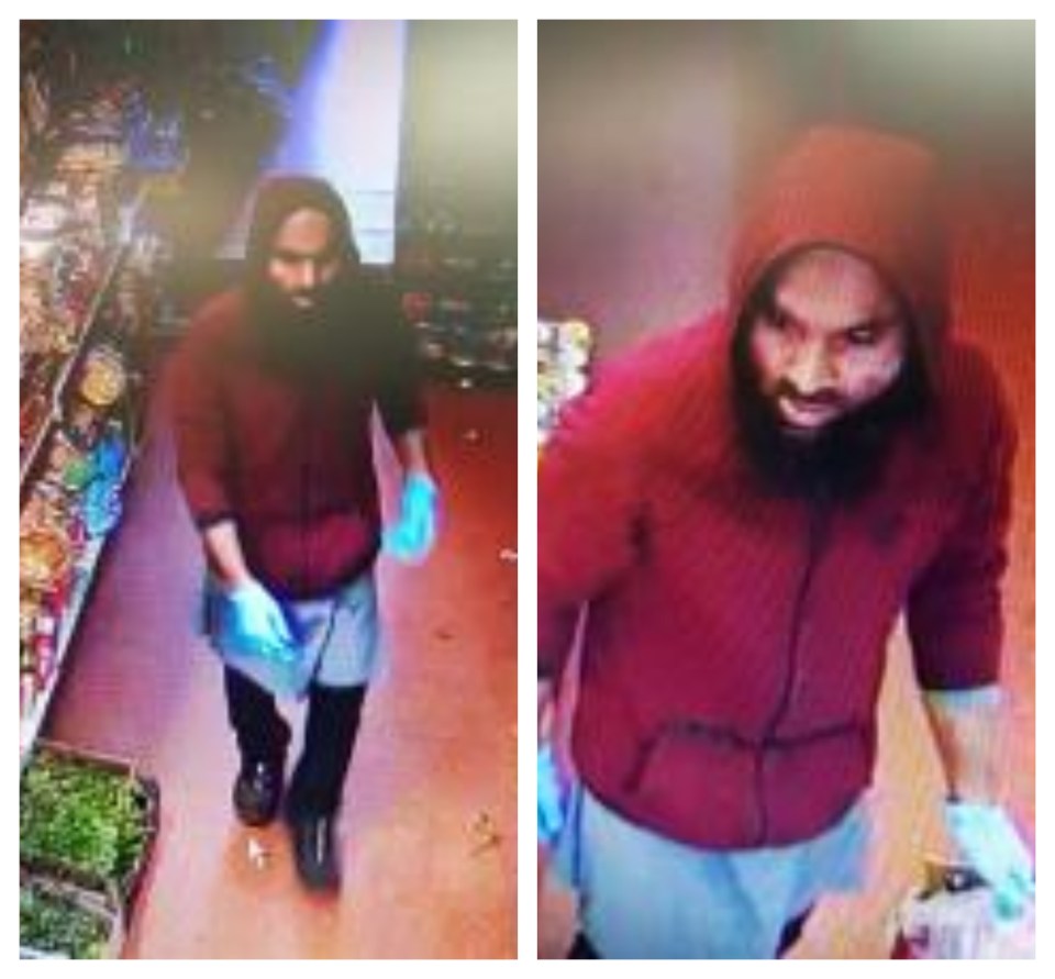 Collage of CCTV images of a man in a red hoodie and a light blue apron, wearing blue gloves.