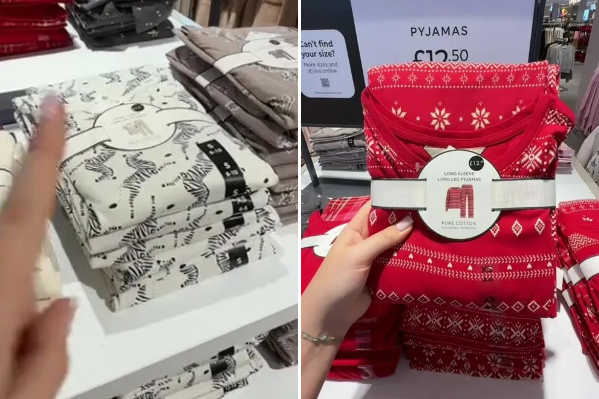 An image collage containing 2 images, Image 1 shows A display of pyjamas in a store, with a sign showing "PYJAMAS £12.50 Value you can trust", Image 2 shows A hand holding a red pyjama set with white snowflake patterns and a label displaying "Pyjamas £12.50"