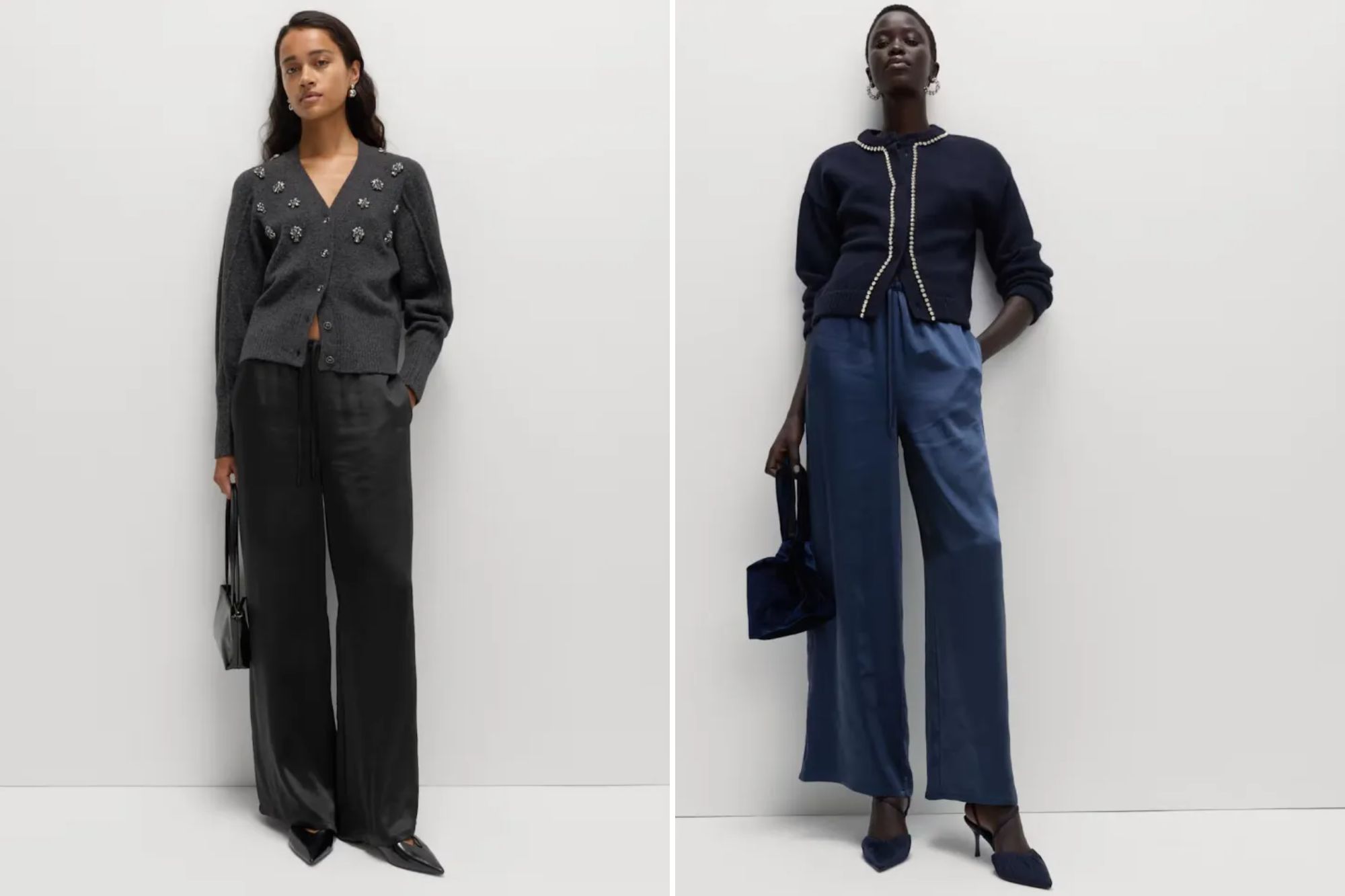 An image collage containing 2 images, Image 1 shows A woman wearing a gray cardigan with embellishments and black satin wide-leg trousers, Image 2 shows A model wearing a navy blue cardigan with pearl detailing, blue satin wide-leg trousers, and holding a navy velvet handbag