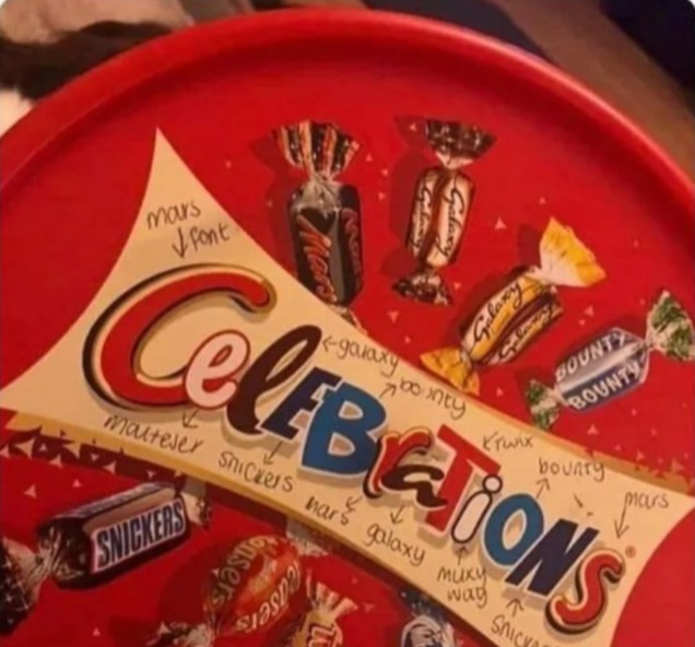 A meme showing a box of Celebrations chocolates with text overlay, "how old were you when you realised that each letter of celebrations is one of the chocolates inside?" Arrows point from each letter of "Celebrations" to a different chocolate type found inside the box.