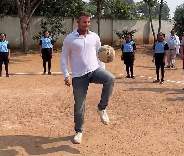 On Thursday, Beckham appeared to be in his element while getting involved in a series of activities at a local school, among them a one-touch football tutorial
