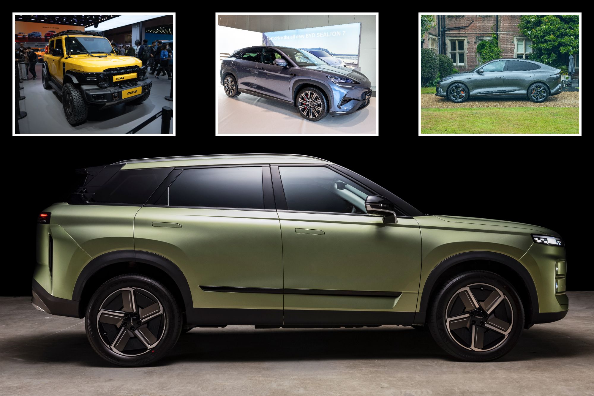 An image collage containing 4 images, Image 1 shows Side profile of the Jaecoo 7 SUV, Image 2 shows Shanghai International Automobile Exhibition held in China, Image 3 shows Everything Electric London, Image 4 shows NINTCHDBPICT001040657076