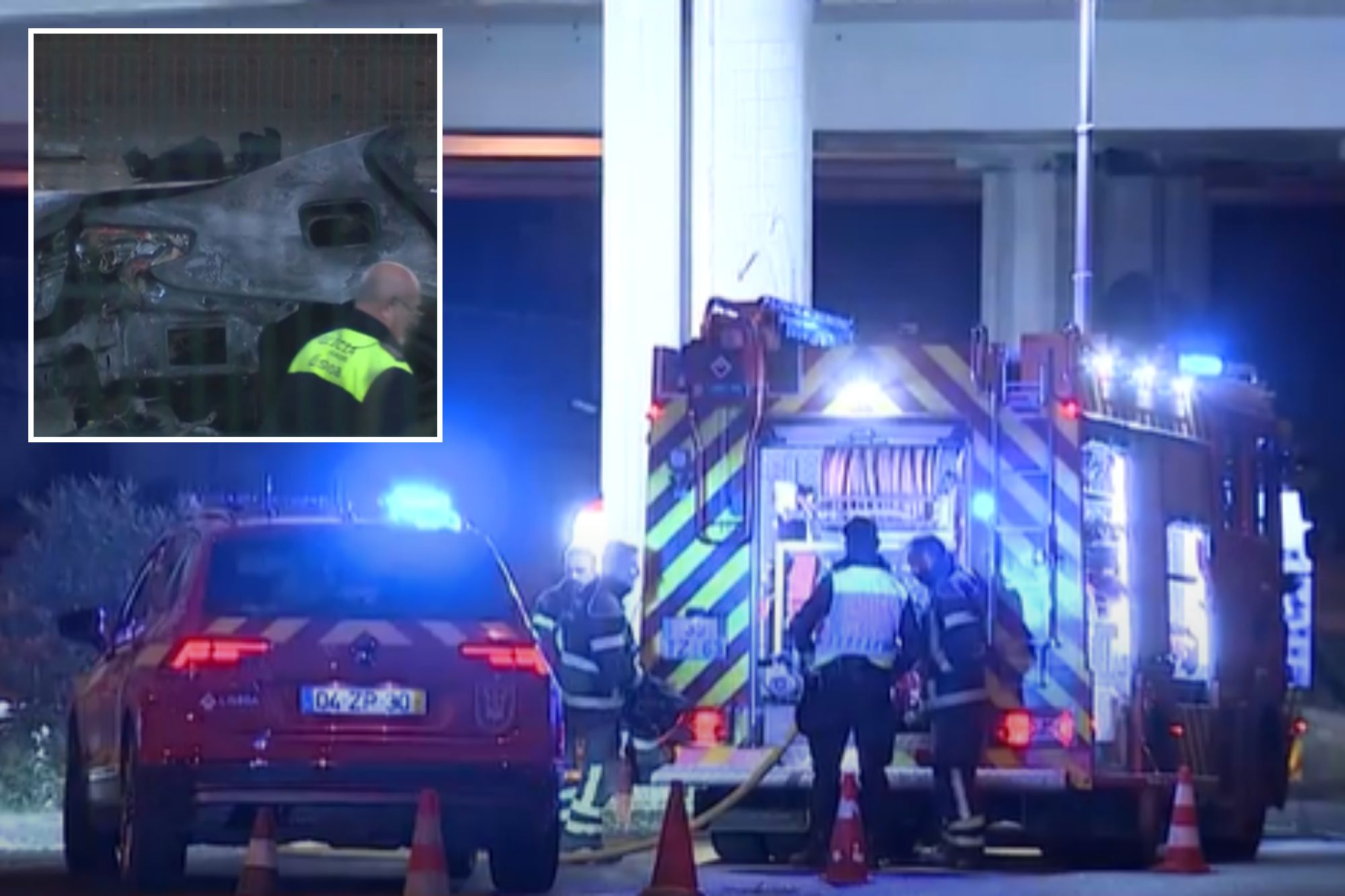 An image collage containing 2 images, Image 1 shows Firefighters and emergency vehicles with flashing lights at night, Image 2 shows A man in a high-visibility vest stands near a charred car wreck