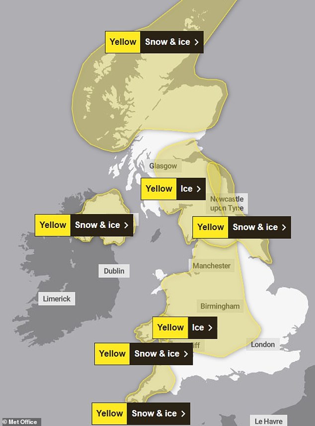 Met Office yellow weather warnings for snow and ice are in place across the country today