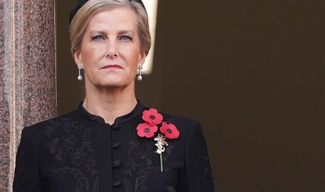 The Duchess of Edinburgh looked sombre as she attended the Remembrance Sunday service at the Cenotaph in London