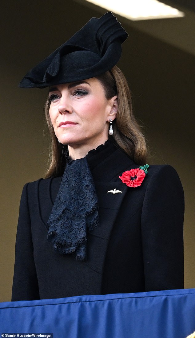 Kate donned a poppy as well as a brooch as she attended the National Service of Remembrance on Sunday