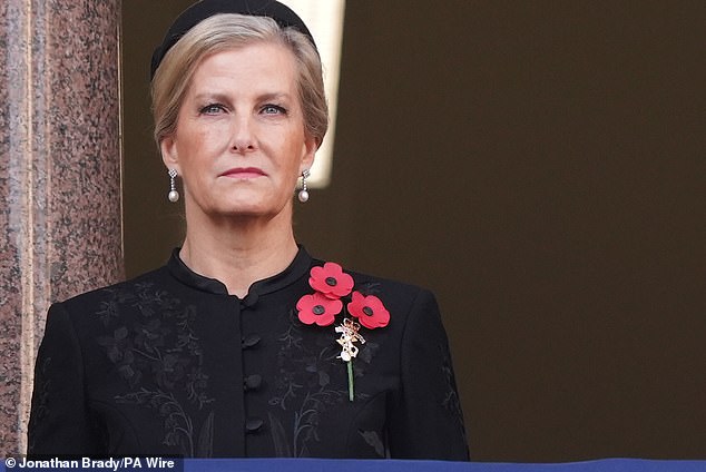 The Duchess of Edinburgh looked sombre as she attended the Remembrance Sunday service at the Cenotaph in London
