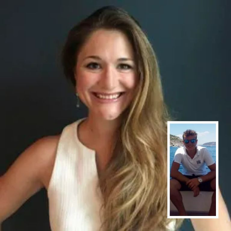 An image collage containing 2 images, Image 1 shows Headshot of a smiling woman with long brown hair, wearing a white top, Image 2 shows A young man in a white polo shirt and sunglasses sits on a boat with the sea and distant land behind him