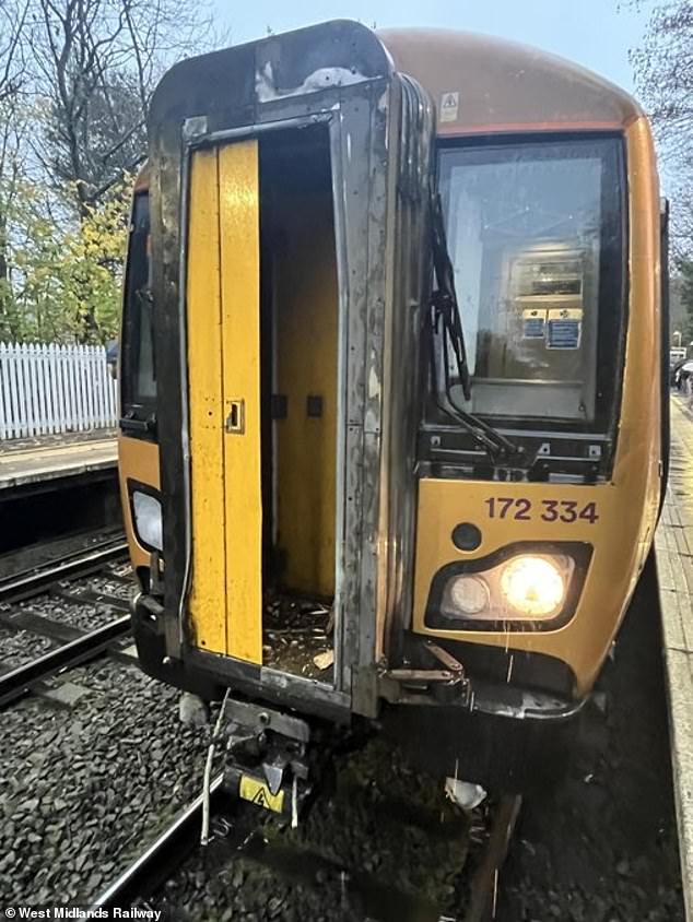 A damaged West Midlands Railway train after it struck a tree at Blakedown in Worcestershire