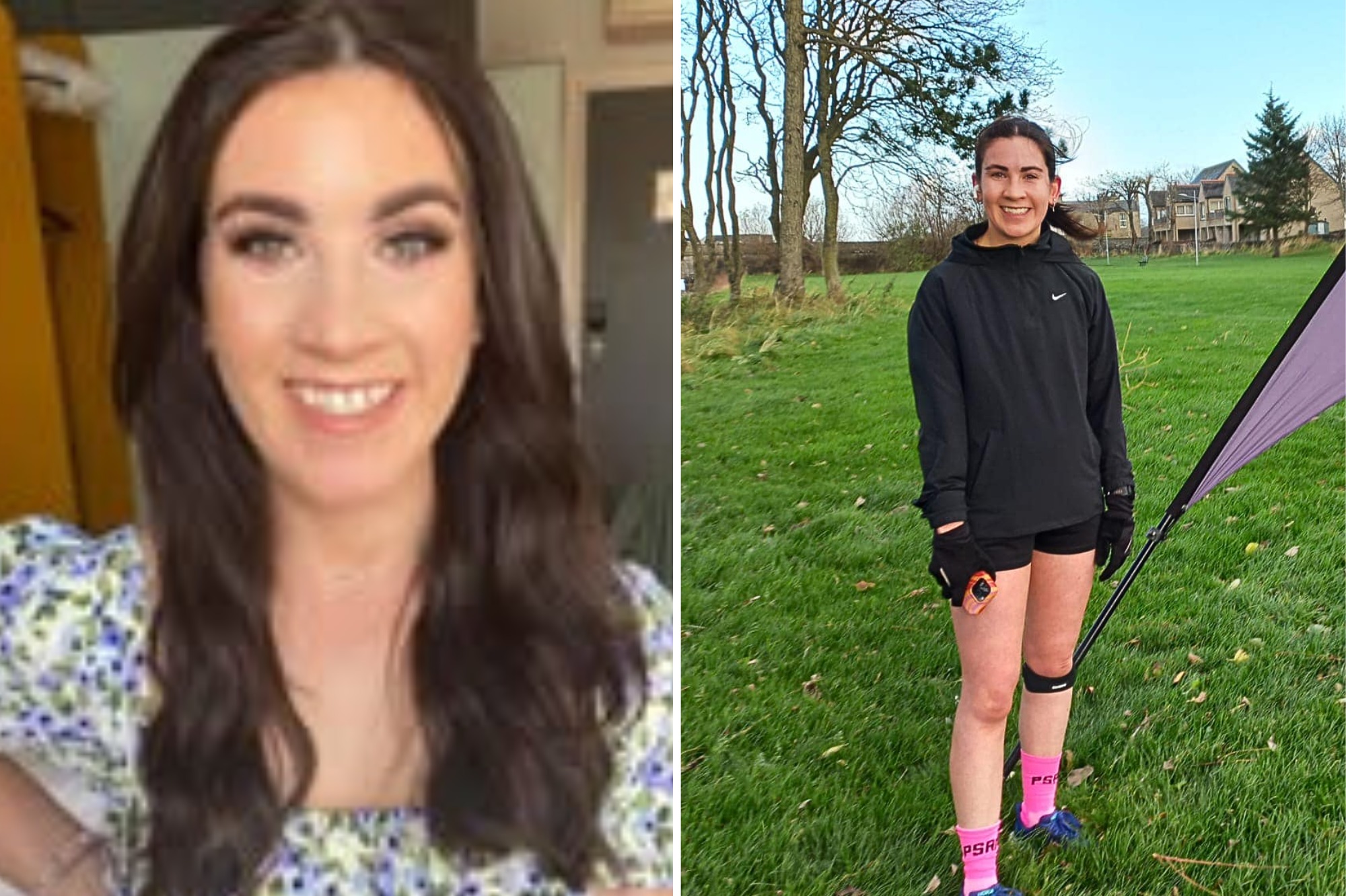 Collage of a woman in a floral top and a woman in athletic wear outdoors.
