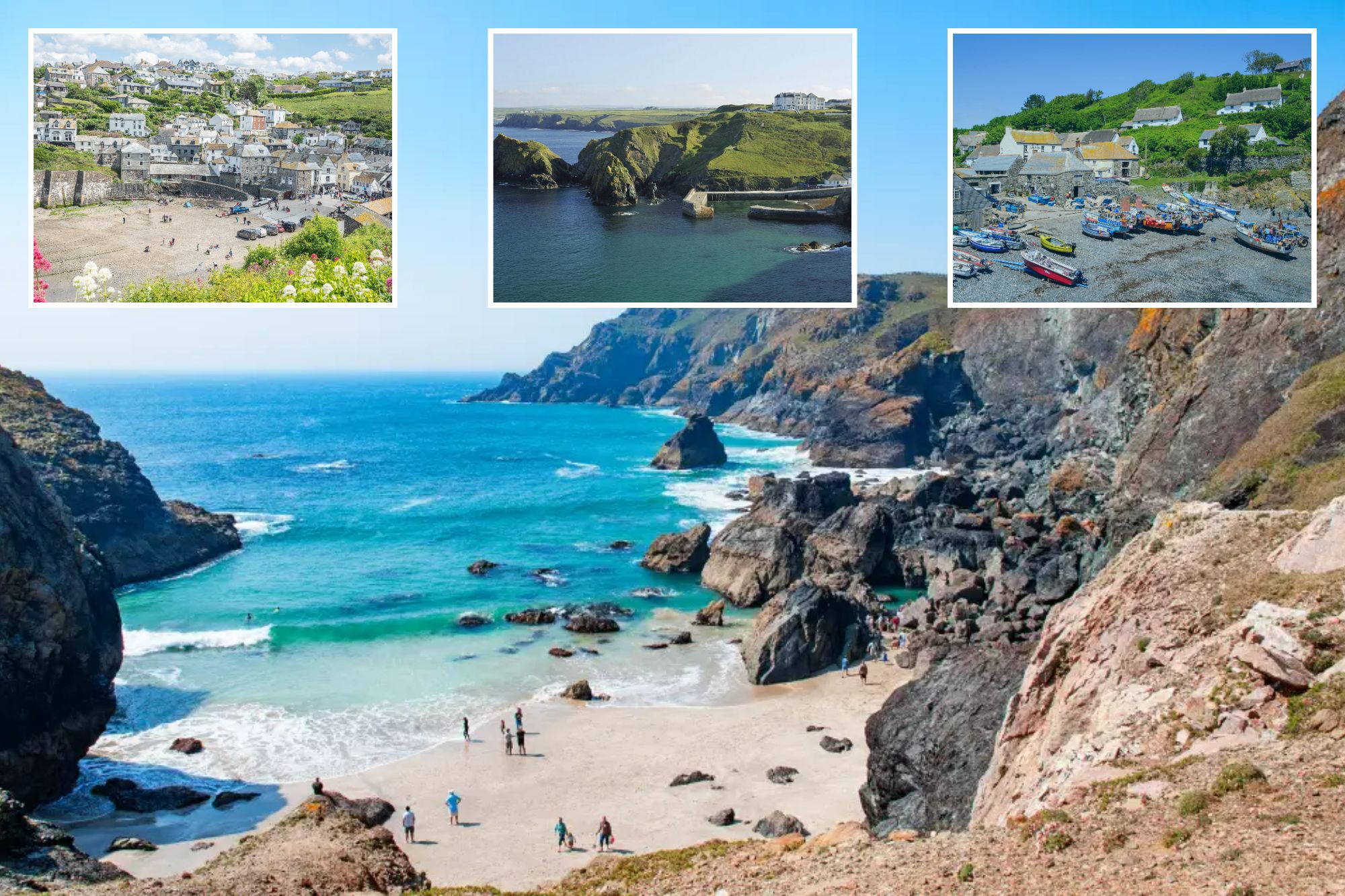 An image collage containing 4 images, Image 1 shows Kynance Cove on the Lizard Peninsula in Cornwall, England, Image 2 shows Port Isaac, Cornwall, a village with hillside houses overlooking a harbor and beach, Image 3 shows A coastal village with a stone harbor on a green hillside, with white buildings overlooking the sea, Image 4 shows Cadgwith village in Cornwall, England, with boats on a beach and houses on a hill