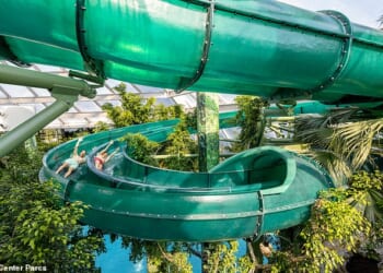 Center Parcs Europe is a separate company to Center Parcs UK - and there's significant savings to be had at the 28 parks across Netherlands, Belgium, France, Germany and Denmark (Pictured: Aqua Mundo, the equivalent of the UK parks' Subtropical Swimming Paradise)