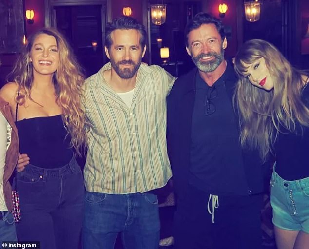 Taylor Swift, 35, and Hugh Jackman, 57, were reportedly 'present' when Ryan Reynolds, 49, confronted a tearful Justin Baldoni about 'fat-shaming' his wife Blake Lively; Lively, Reynolds, Jackman and Swift pictured in 2024