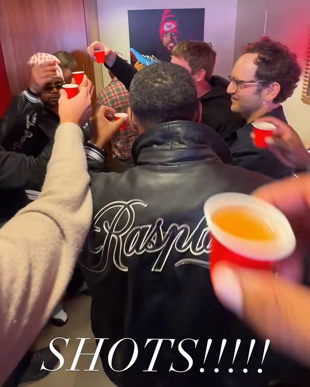 She can also been seen in the back left of a celebration post from one of Kelce's friends