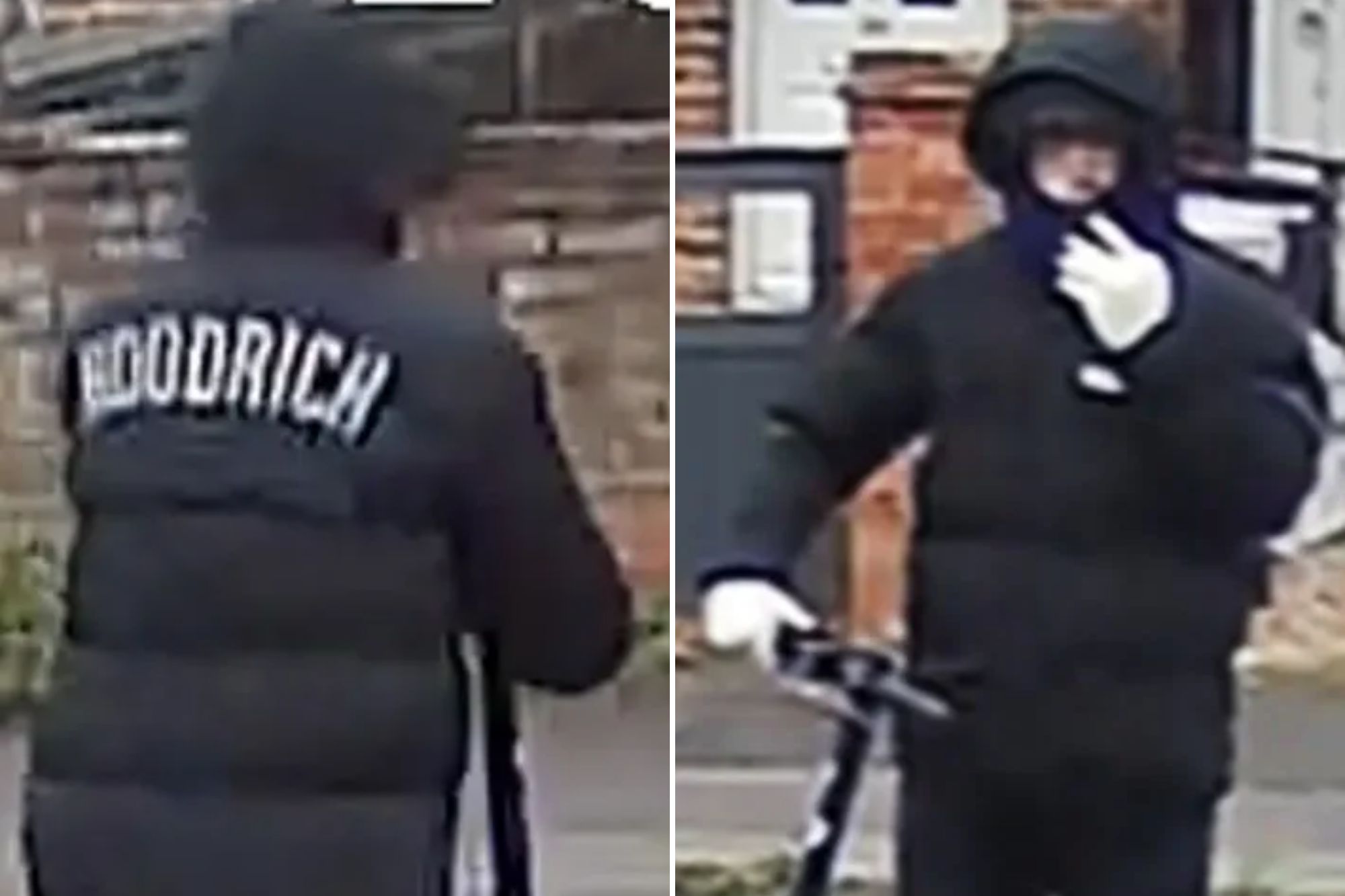 An image collage containing 2 images, Image 1 shows Back of a person wearing a black jacket with "GOODRICH" printed on the back, standing next to a scooter, Image 2 shows NINTCHDBPICT001036913309