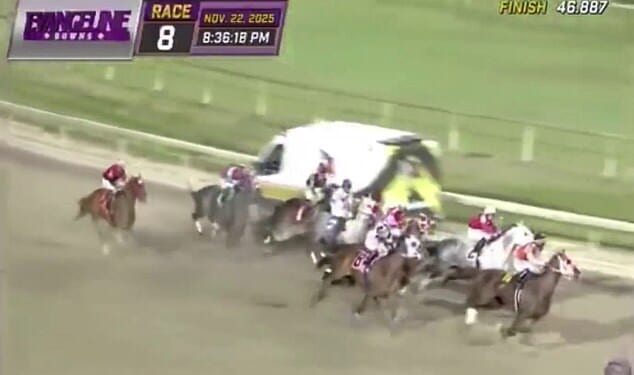 Eight jockeys had to dramatically swerve to avoid a head-on collision with an ambulance in a moment dubbed the most terrifying near miss in racing history on Saturday night