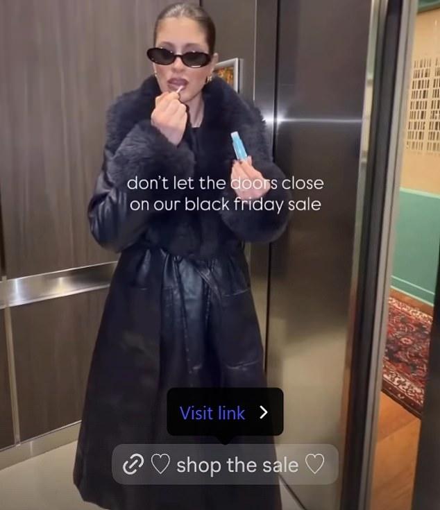 Ariana Grande plugged her beauty brand R.E.M.'s seasonal promotions by punning: 'don't let the door close on our black friday sale,' along with a video of her slipping into an elevator