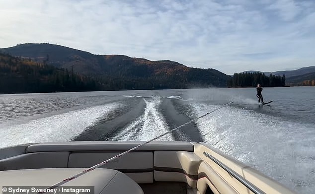 Sweeney indulged her passion for wakeboarding, posting an Instagram video of the excursion captioned: '42 degrees out and still my happy place, last run of the season before it ices over'