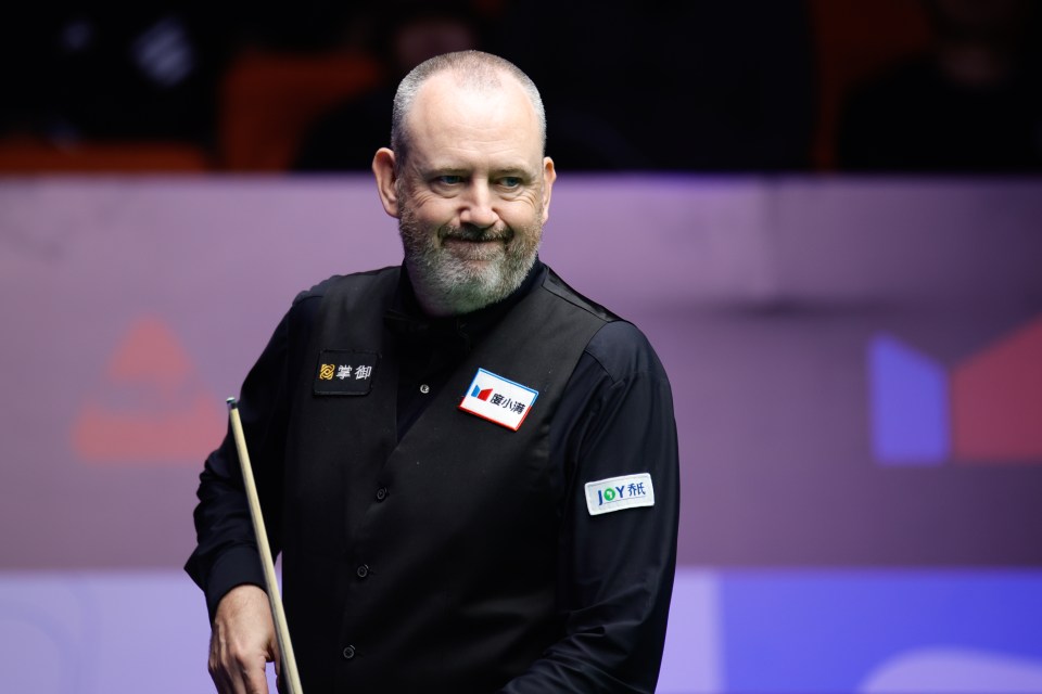 A male snooker player, with a short beard and dressed in a black vest and shirt, smiles while holding a cue stick.
