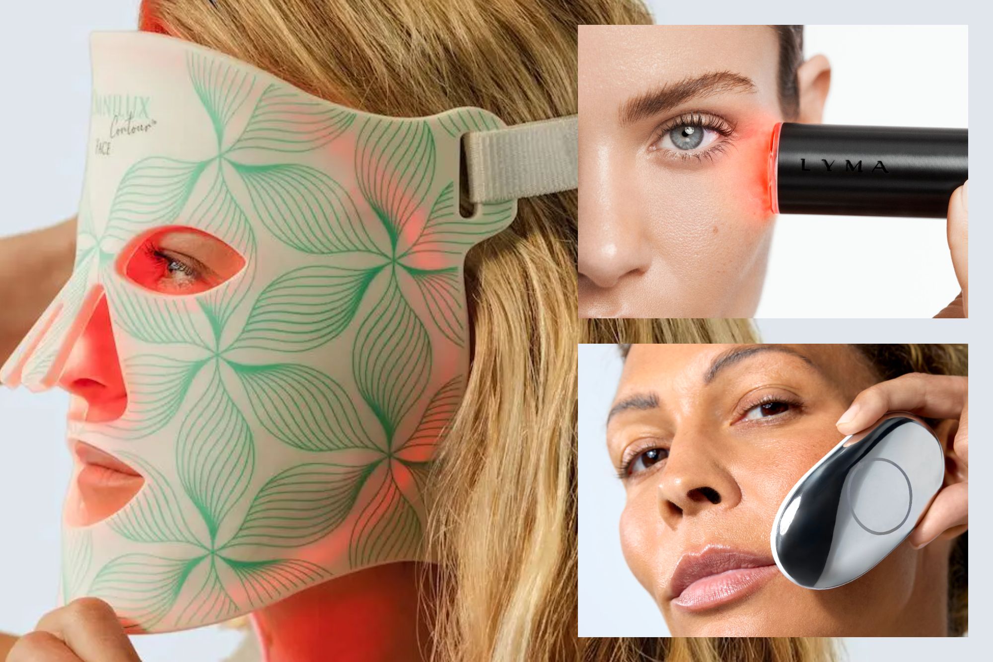 An image collage containing 3 images, Image 1 shows A person wearing a light therapy face mask with a floral pattern, glowing red light visible, Image 2 shows Close-up of a person's eye and face, with a black Lyma Laser emitting red light next to their temple, Image 3 shows A woman using a skincare device on her cheek