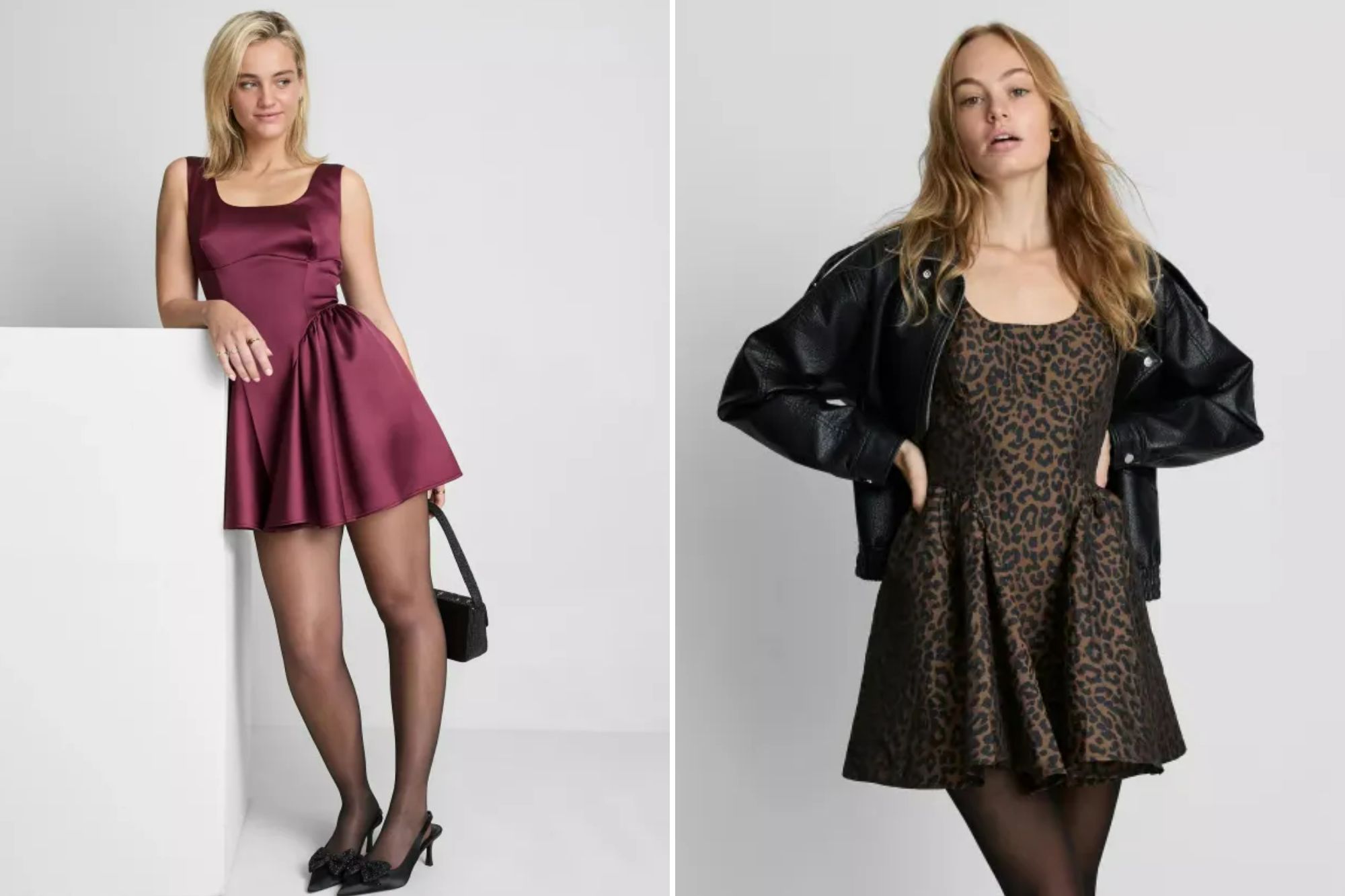 An image collage containing 2 images, Image 1 shows Woman wearing a burgundy satin mini dress with corset details and a square neckline, Image 2 shows Leopard Corset Mini Dress with a black leather jacket and black stockings