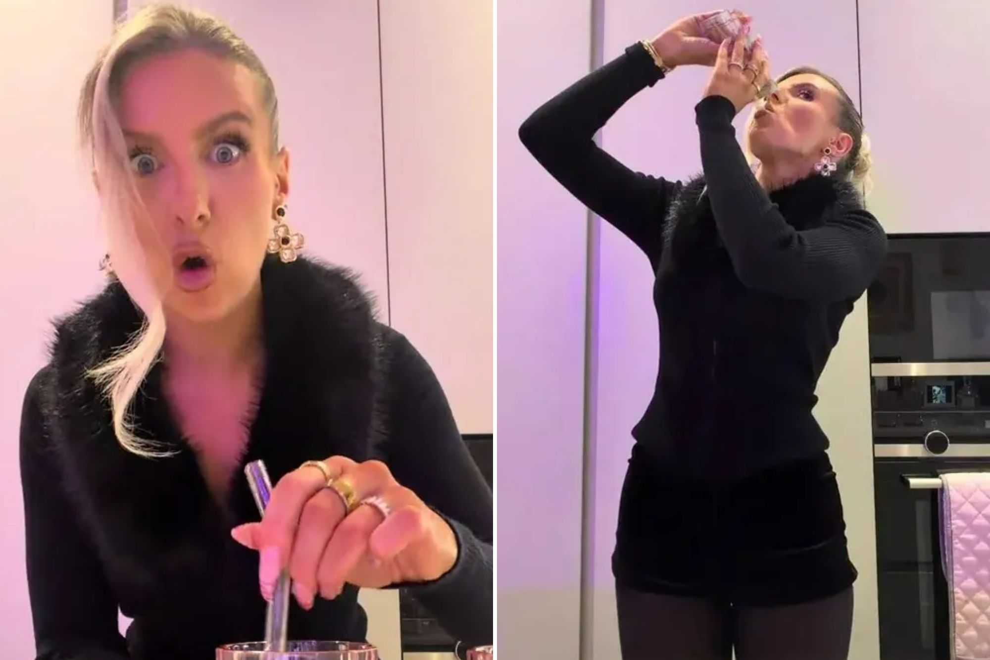 An image collage containing 2 images, Image 1 shows Chloe Burrows stirring a drink in a pink glass with a surprised expression, Image 2 shows Chloe Burrows drinking from a small bottle in a kitchen setting