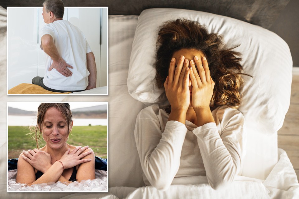 Collage of a man holding his aching back, a woman covering her face in bed, and a woman taking an ice bath.