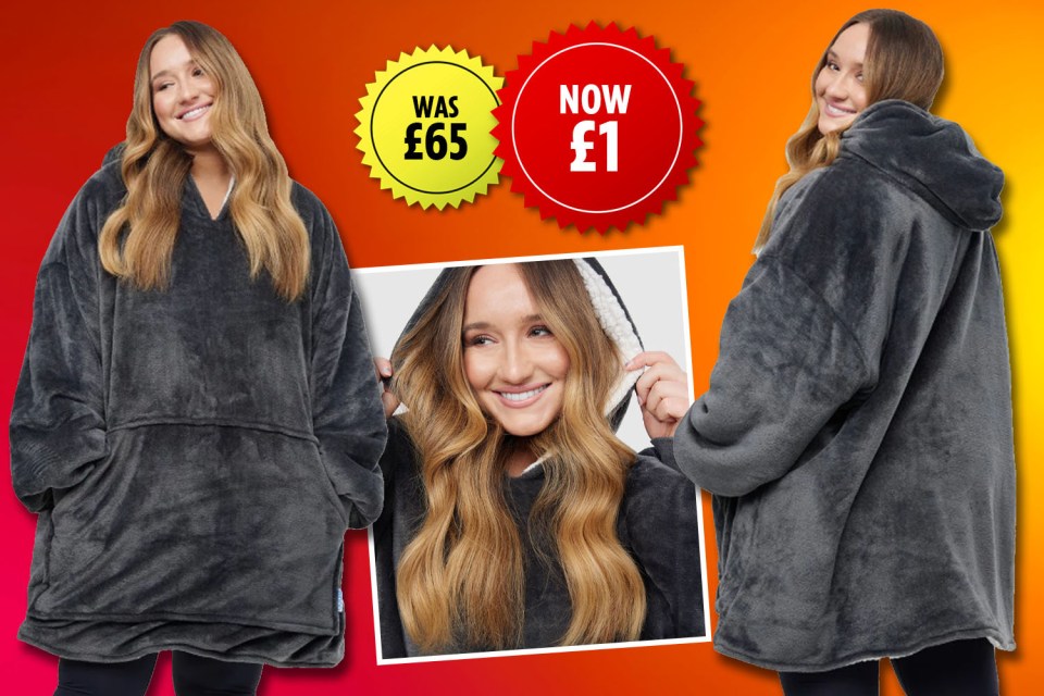 Collage of a woman wearing a gray Oodie, with price tags showing "WAS £65 NOW £1".