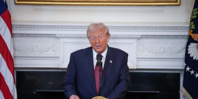 President Donald Trump speaks with Senate Republicans at a breakfast in the State Dining Room of the White House on Nov. 5, 2025, in Washington, D.C.