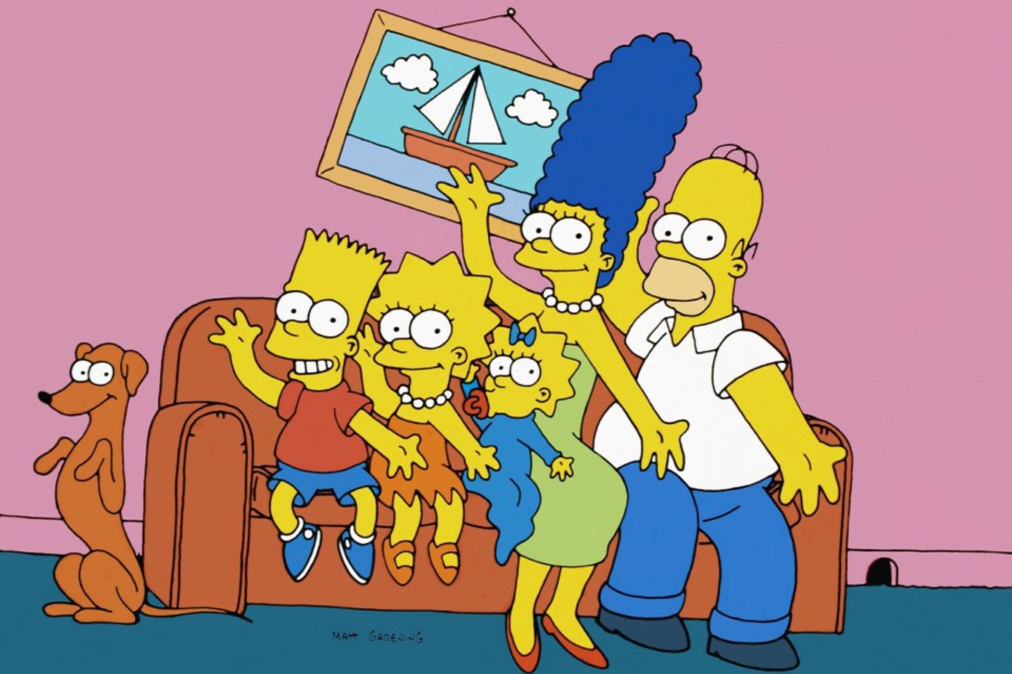 An image collage containing 1 images, Image 1 shows Illustration of The Simpsons family, Homer, Marge, Bart, Lisa, Maggie, and Santa's Little Helper, on a couch