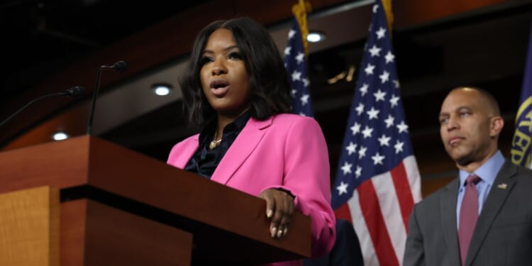 Rep. Jasmine Crockett speaks at a news conference in the Capitol Building in Washington, DC on Sept. 8, 2025.